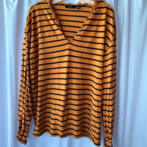 Ella Rafaella Long Sleeve Tan & Black Striped Top Ruffled Neck Elastic Cuffs XL - Picture 1 of 8